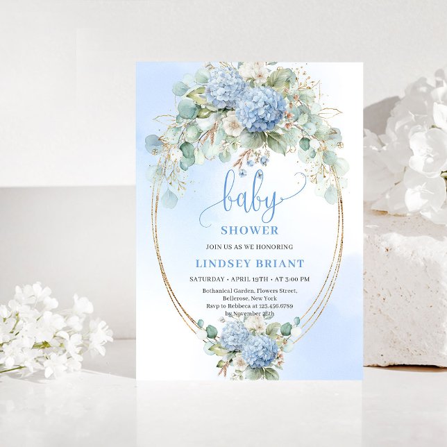 Convite Chic Timeless Bohemian Blue Hydrangeas Baby Shower (Timeless Bohemian Blue Hydrangeas Baby Shower Invite)
