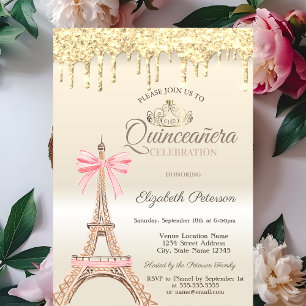 Convite Chic Torre Eiffel Arco Pingando Ouro Quinceañera