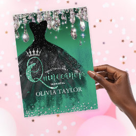 Convite Chic verde brilho prata goteja Quinceanera 