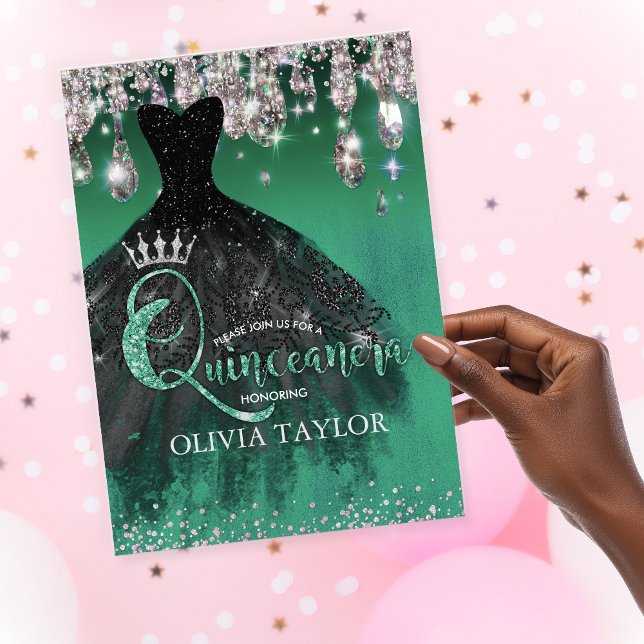 Convite Chic verde brilho prata goteja Quinceanera  (Criador carregado)