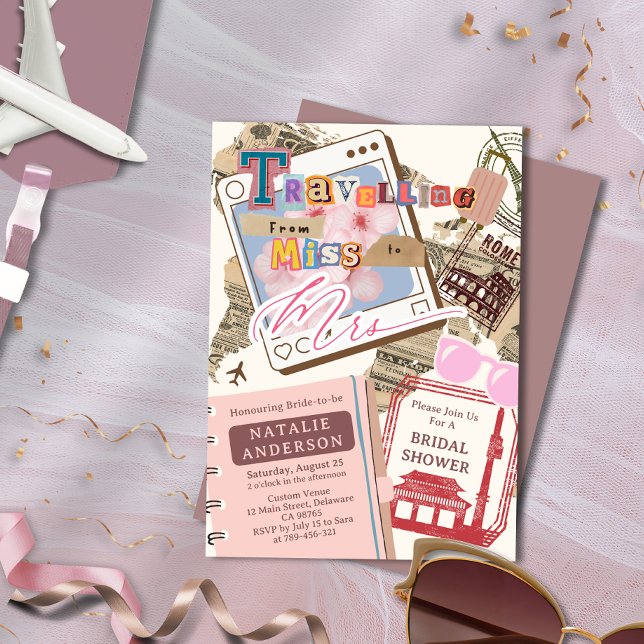 Convite Chic Viajando de Miss a Sra. Chá de panela (Chic Travelling from Miss to Mrs Bridal Shower Invitation)