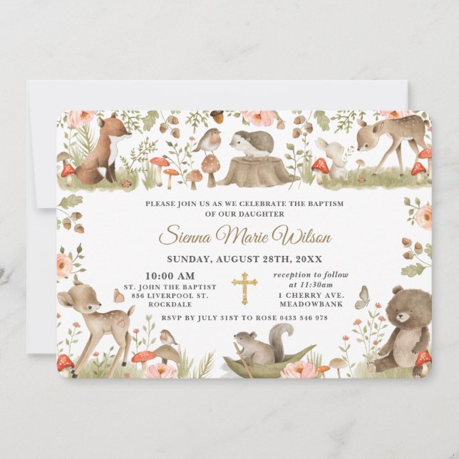 Convite Chic Vintage Woodland Animal Baptism Christening (Frente)