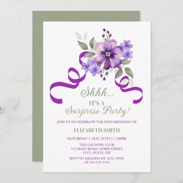 Convite Chic Violet Floral Botanical Surprise Birthday (Frente/Verso)