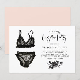 Convite Chic Watercolor Black Lace Floral Lingerie Party