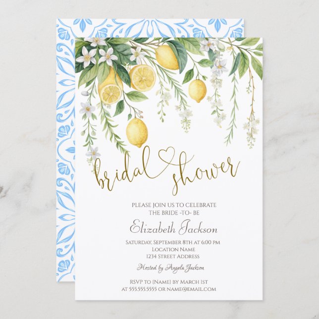 Convite Chic Watercolor Blooming Lemons Bridal Shower  (Frente/Verso)