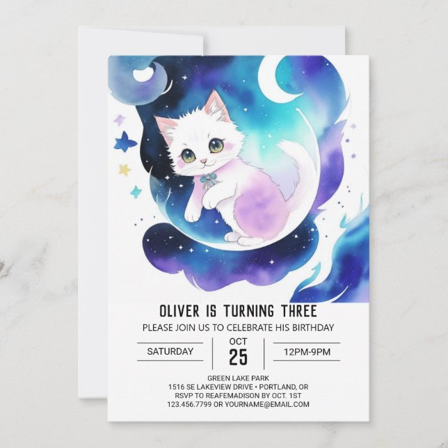 Convite Chic Watercolor Cat Birthday (Frente)