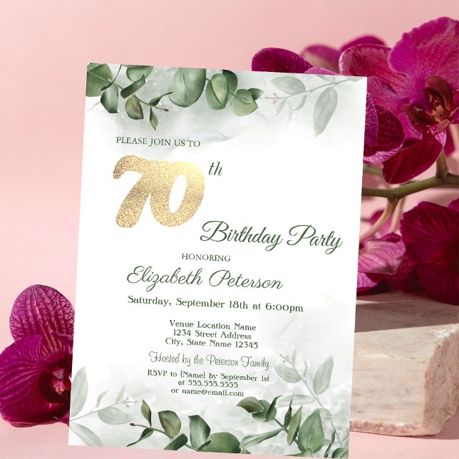 Convite Chic Watercolor Eucalyptus Greenery 70 Birthday (Criador carregado)