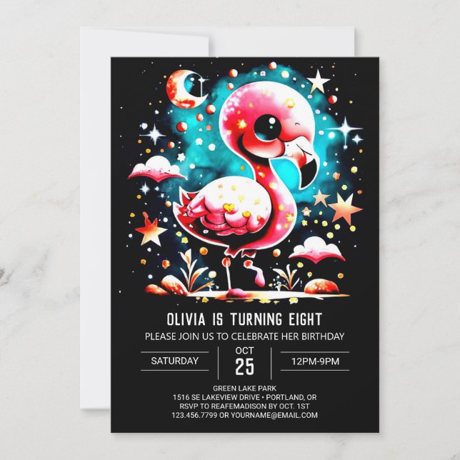 Convite Chic Watercolor Flamingo Birthday (Frente)