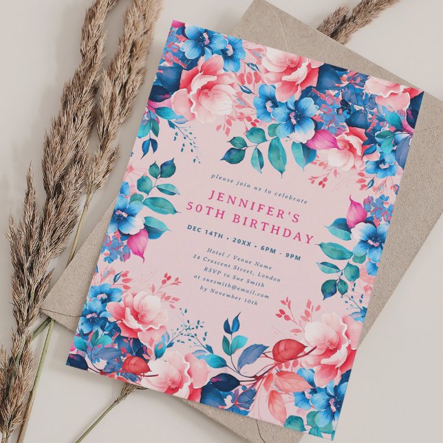 Convite Chic Watercolor Floral 50th Aniversário Blush (Chic Watercolor Floral 50th Birthday Blush Invitation)