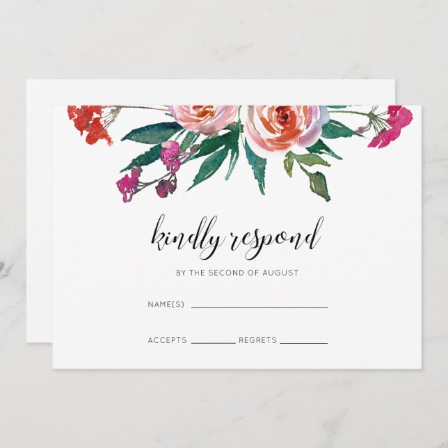 Convite Chic Watercolor Floral Wedding RSVP (Frente/Verso)