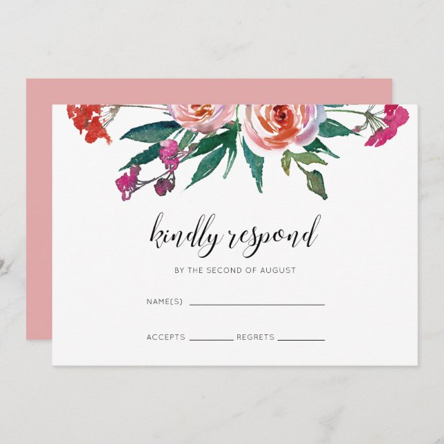 Convite Chic Watercolor Floral Wedding RSVP (Frente/Verso)