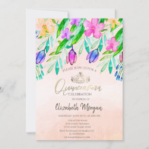 Convite Chic Watercolor Flowers Quinceañera