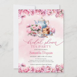 Convite Chic watercolor fuchsia peonies floral tea party