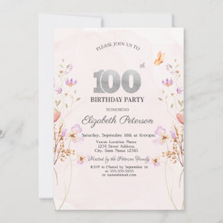Convite Chic Watercolor Lilac Wildflowers 100th Birthday