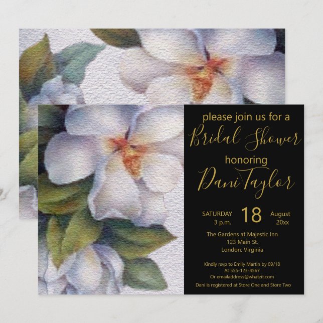 Convite Chic Watercolor Magnolia Dourado Chá de panela de  (Frente/Verso)