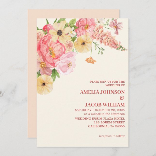 Convite Chic Watercolor, pasta floral, pêssego amarelo, Ca (Frente/Verso)