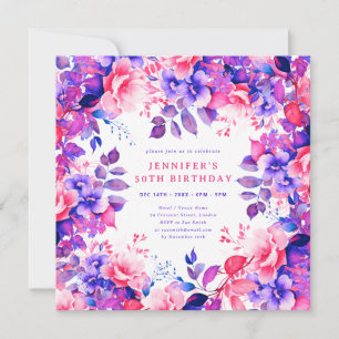 Convite Chic Watercolor Purple Floral 50º Aniversário