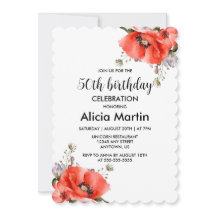 Chic Watercolor Red Poppy Greenery 50º Aniversário