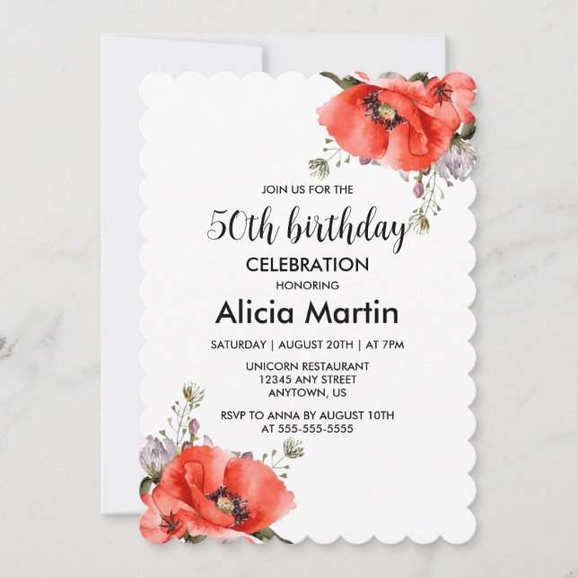 Convite Chic Watercolor Red Poppy Greenery 50º Aniversário (Frente)