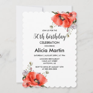 Convite Chic Watercolor Red Poppy Greenery 50º Aniversário