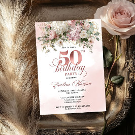 Convite Chic Watercolor Rose Gold Blush Floral 50 Birthday