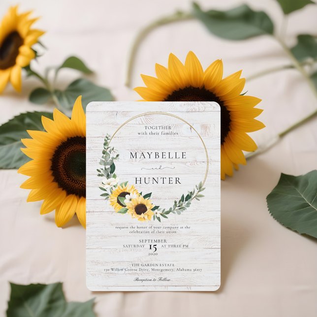 Convite Chic Watercolor Sunflower Wreath Whitewood Casamen (Chic Watercolor Sunflower Wreath Whitewood Wedding Invitation)