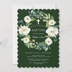 Convite Chic Watercolor White Floral Wreath Cross Baptism