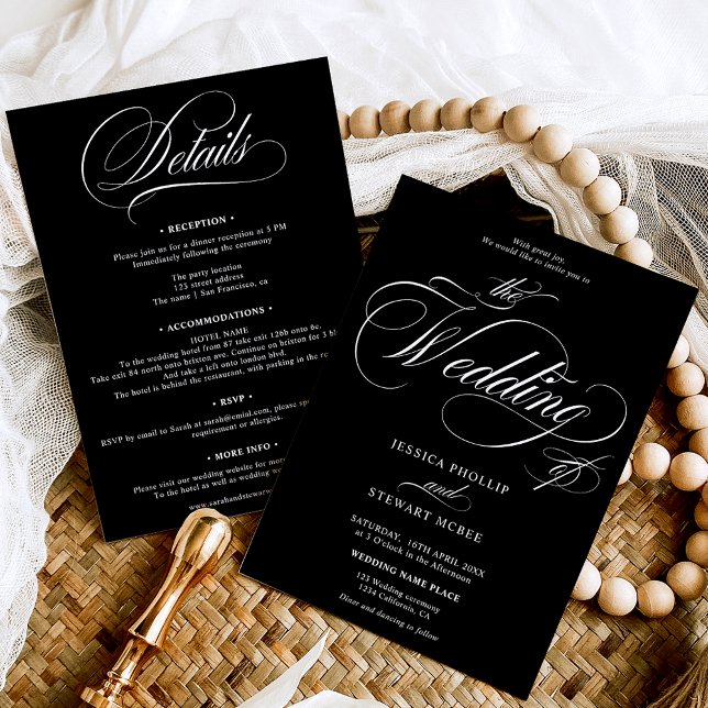 Convite Chic White Black tudo em um casamento de caligrafi (Chic white black all in one calligraphy wedding invitation)
