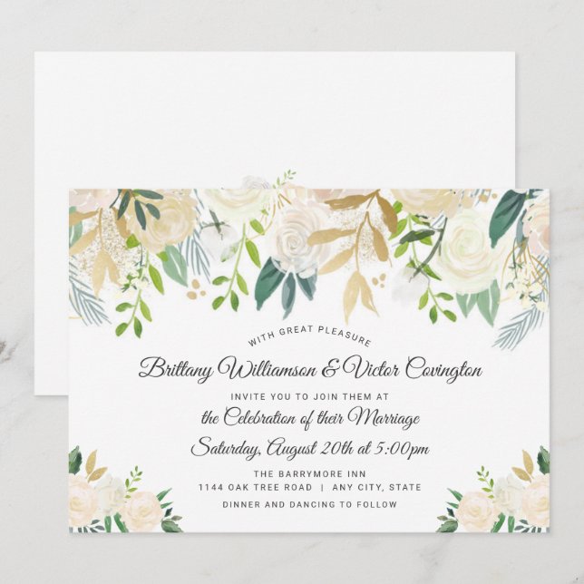 Convite Chic White Cream Ivory Floral e Greenery Casamento (Frente/Verso)