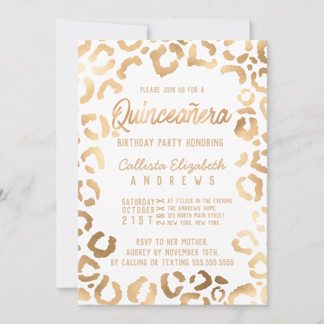 Convite Chic White Dourada Cheetah Leopard Quinceañera (Frente)
