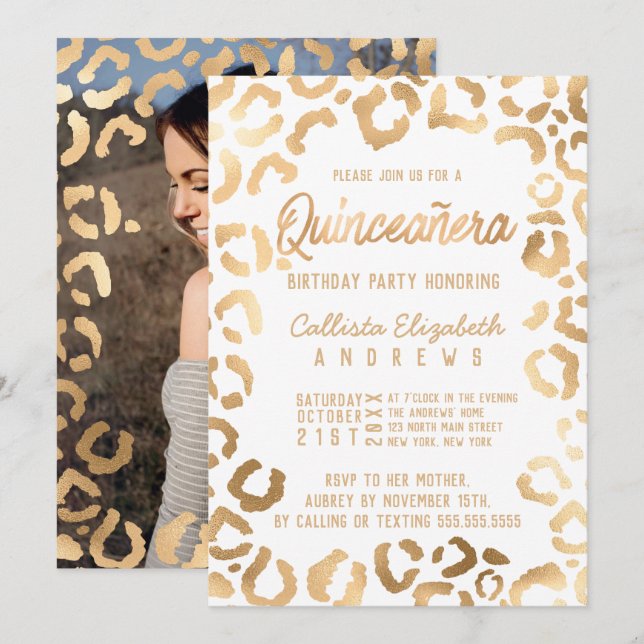 Convite Chic White Dourada Cheetah Leopard Quinceañera Fot (Frente/Verso)