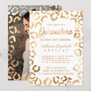 Convite Chic White Dourada Cheetah Leopard Quinceañera Fot