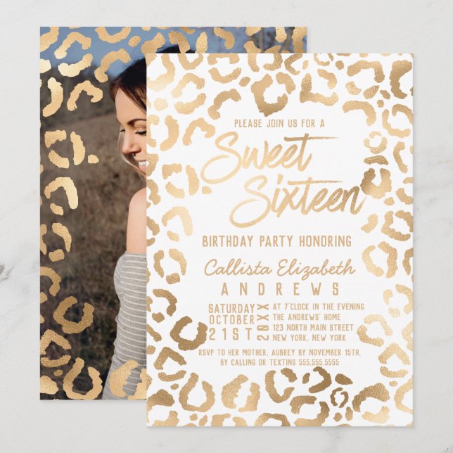 Convite Chic White Dourada Cheetah Leopard Sweet 16 Foto (Frente/Verso)