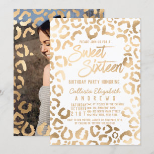 Convite Chic White Dourada Cheetah Leopard Sweet 16 Foto