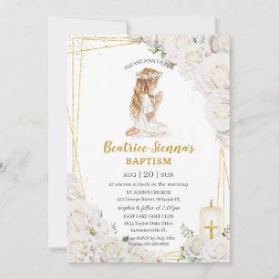 Convite Chic White Floral Baptism Christening Oradora Rapa