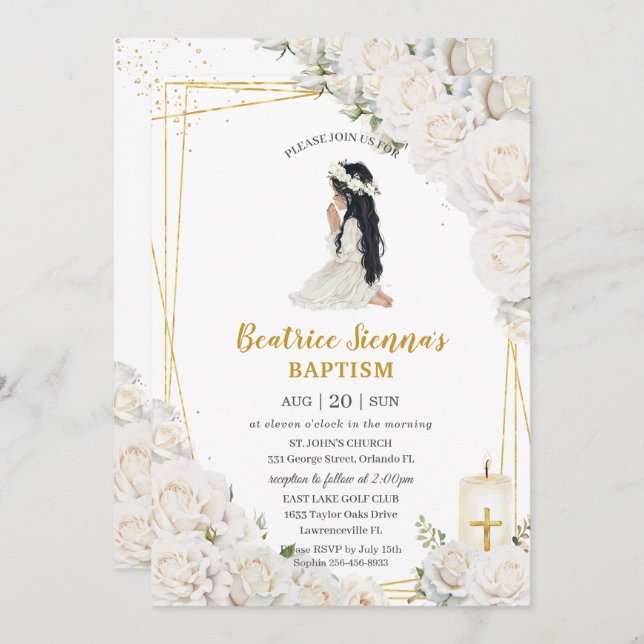 Convite Chic White Floral Baptism Christening Oradora Rapa (Frente/Verso)