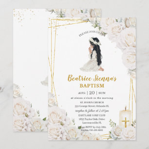 Convite Chic White Floral Baptism Christening Oradora Rapa