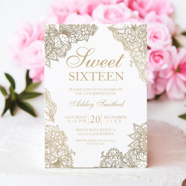 Convite Chic white gold florant elegante Sweet dezesseis (Chic white gold floral elegant Sweet sixteen Invitation)