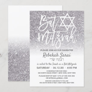 Convite Chic White Silver Faux Glitter Ombre Bat Mitzvah