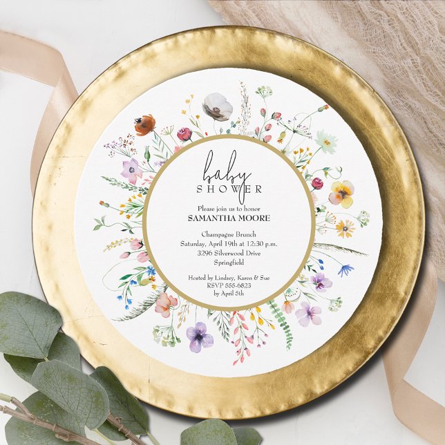 Convite Chic Wildflower Chá de fraldas Round (Chic Wildflower Baby Shower Round Invitations, INSTANT DOWNLOAD and/or PRINTED)