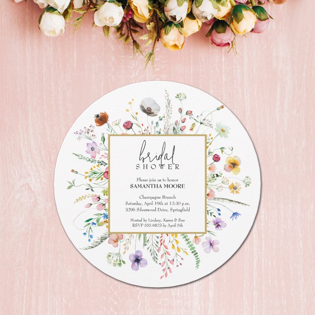 Convite Chic Wildflower Chá de panela Round (Chic Wildflower Bridal Shower Round Invitations - PRINTED and/or INSTANT DOWNLOAD)