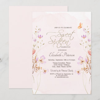 Convite Chic Wildflowers Pink Watercolor Sweet 16