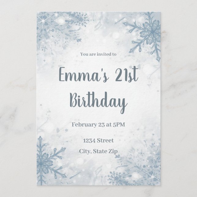 Convite Chic Winter 21st Birthday Invitation – Snowflakes (Frente)