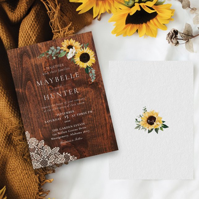 Convite Chic Yellow Sunflower Lace & Woodgrain Weding (Chic Yellow Sunflowers Lace & Woodgrain Wedding Invitation)