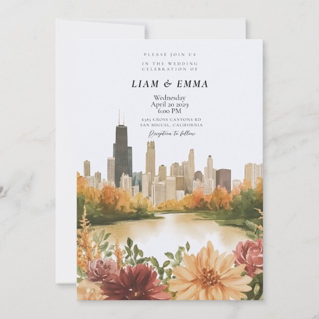 Convite Chicago Illinois Skyline Wedding Invitation (Frente)