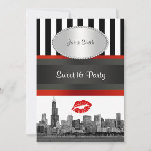 Convite Chicago Skyline BW Blk Wht Strp Red Kiss Sweet 16