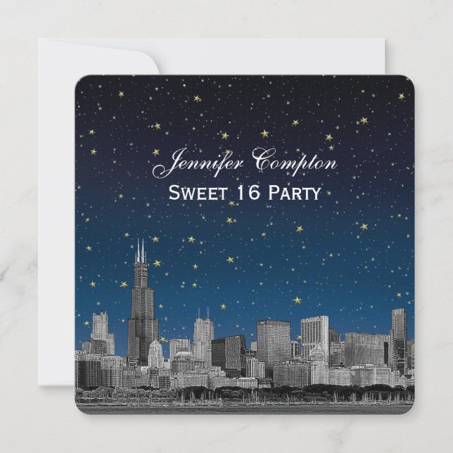 Convite Chicago Skyline Etch Blue Starry SQ Sweet 16 (Frente)