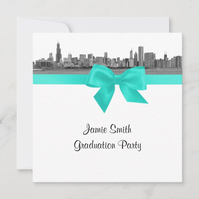 Convite Chicago Skyline Etch BW Aqua SQ Festa de formatura (Frente)