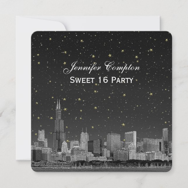 Convite Chicago Skyline Etch Cinza Starry SQ Sweet 16 (Frente)