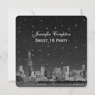Convite Chicago Skyline Etch Cinza Starry SQ Sweet 16